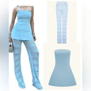 Meshki Anette Light Blue Knit Strapless Top and Crochet Pants Set